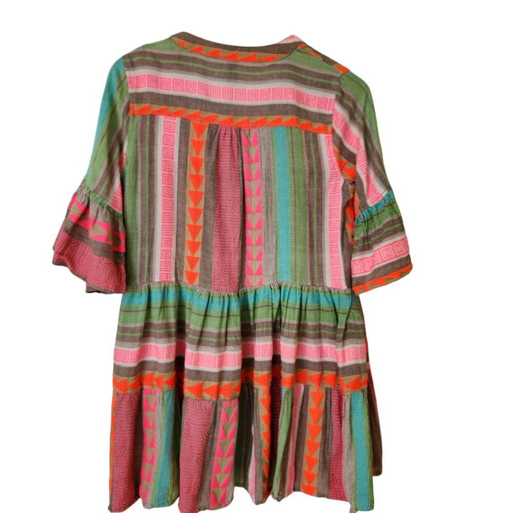 Colorful Neon Aztec Geometric Mini Babydoll Dress Bell Sleeves Summer Coquette - Picture 2 of 10